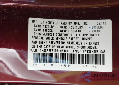 2013 Honda Accord Ex-L z USA, uszkodzony, nr VIN 1HGCR2F81DA196401